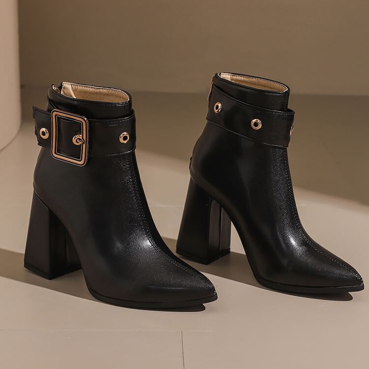 buckled Short Pointed Heel Block Boots