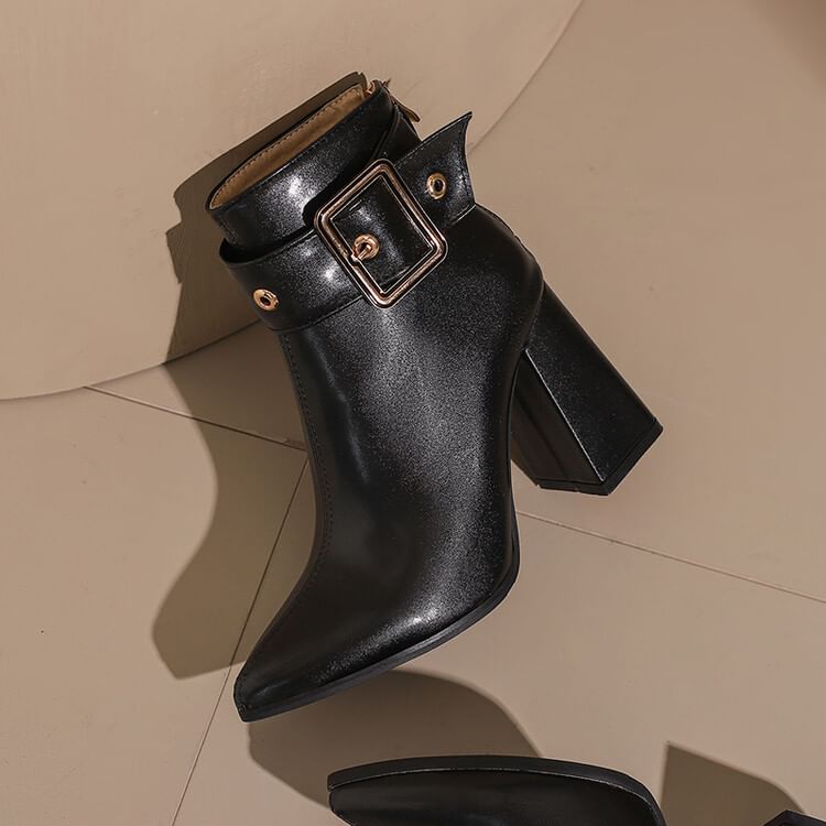 buckled Short Pointed Heel Block Boots