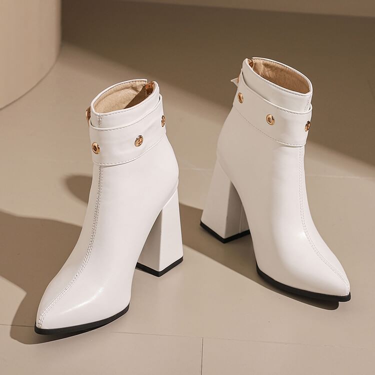 buckled Short Pointed Heel Block Boots