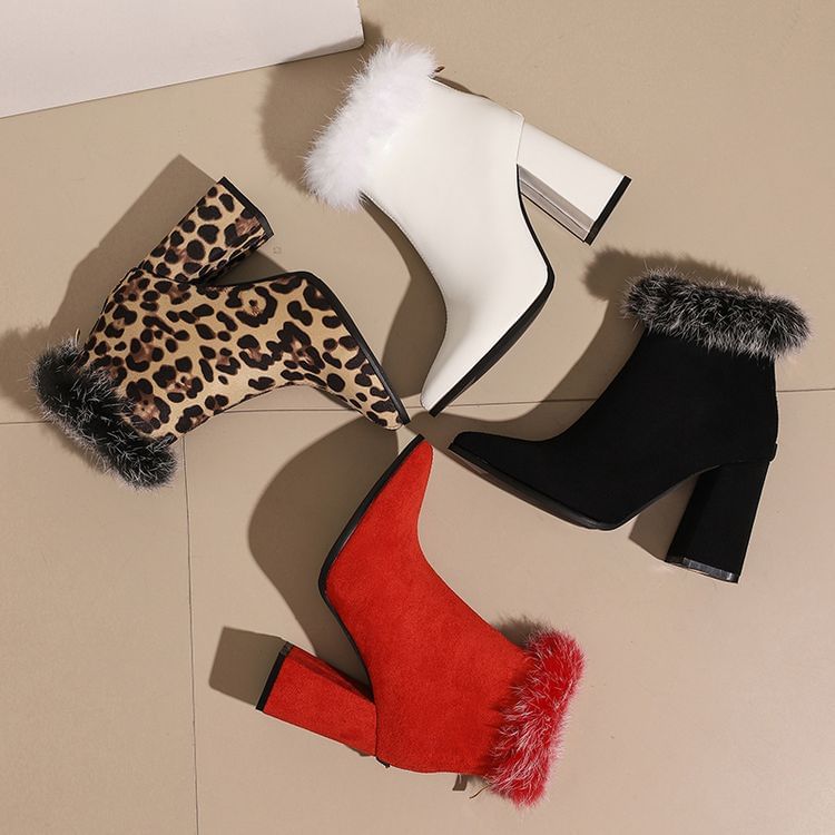 Short Trim Boots Heel Furry Leopard Print Block