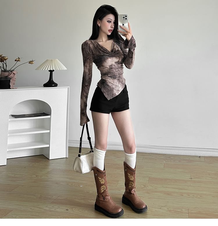 Tee Hem V-Neck Distressed Long Sleeve