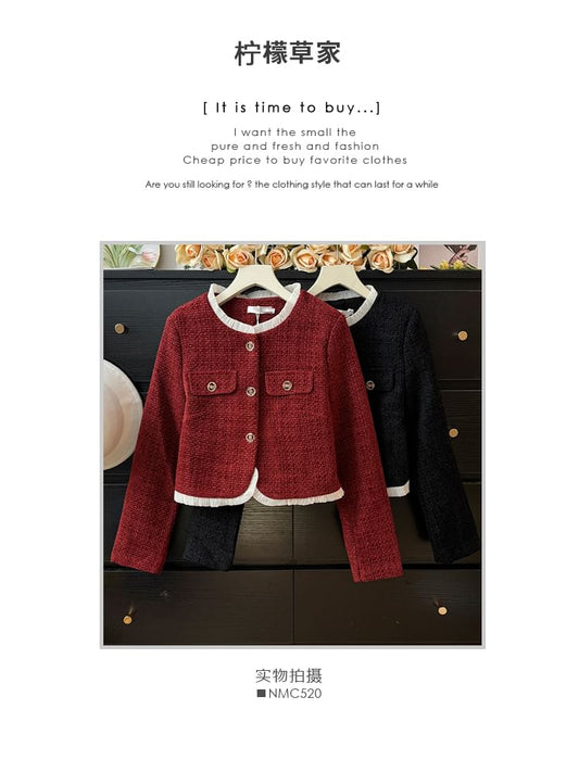 Contrasted Round-Neck Tweed Jacket