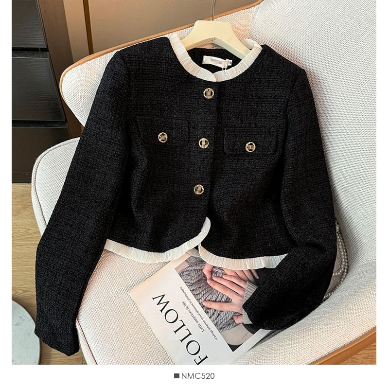 Contrasted Round-Neck Tweed Jacket