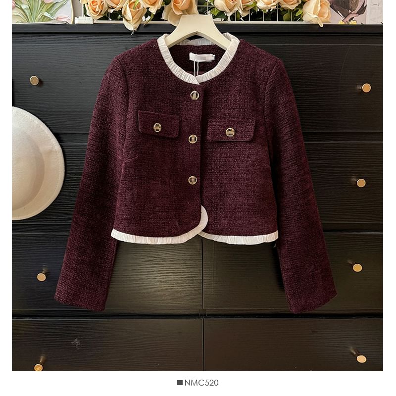 Contrasted Round-Neck Tweed Jacket