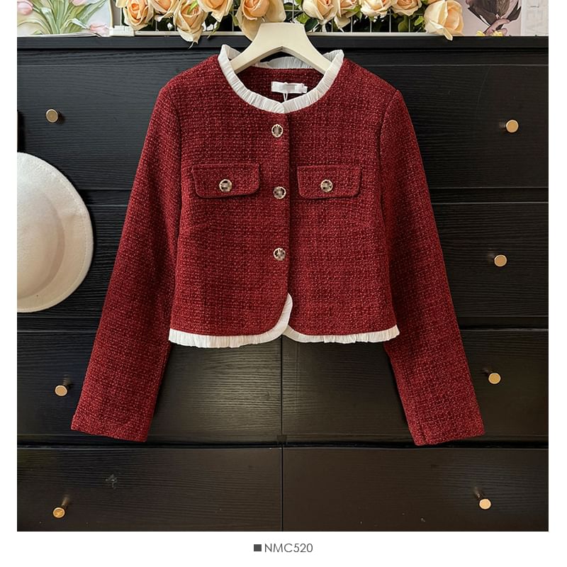 Contrasted Round-Neck Tweed Jacket
