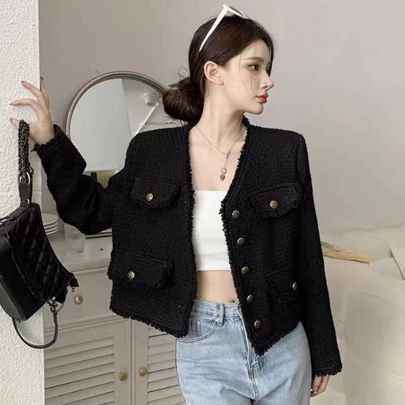 V-Neck Plain Fringed Tweed Crop Button Jacket