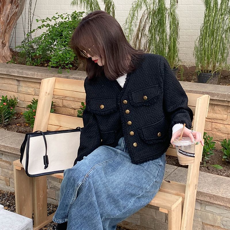 V-Neck Plain Fringed Tweed Crop Button Jacket