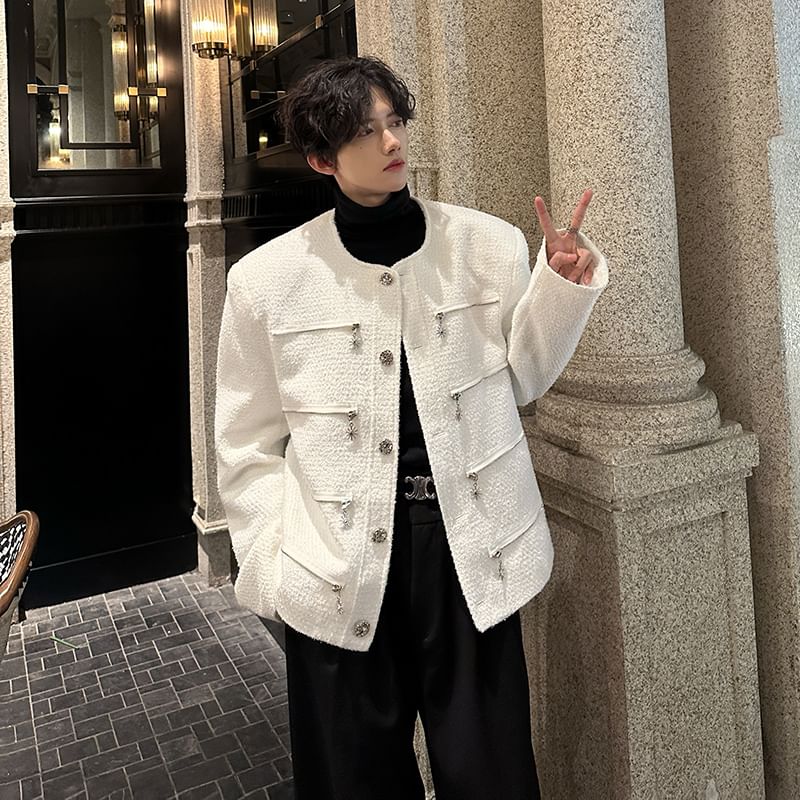 Long Sleeve Round Neck Embellished Tweed Jacket