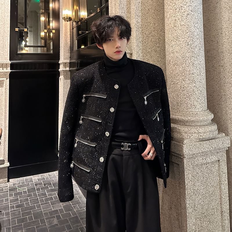 Long Sleeve Round Neck Embellished Tweed Jacket