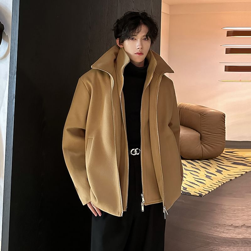 Long Sleeve Stand Collar Zip Up Wool Coat