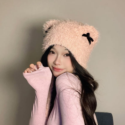 Bear Ear Ribbon Chenille Knit Hat