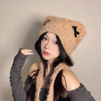 Bear Ear Ribbon Chenille Knit Hat