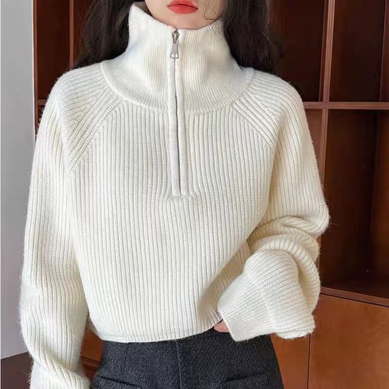 Turtleneck Half-Zip Cropped Pullover Sweater
