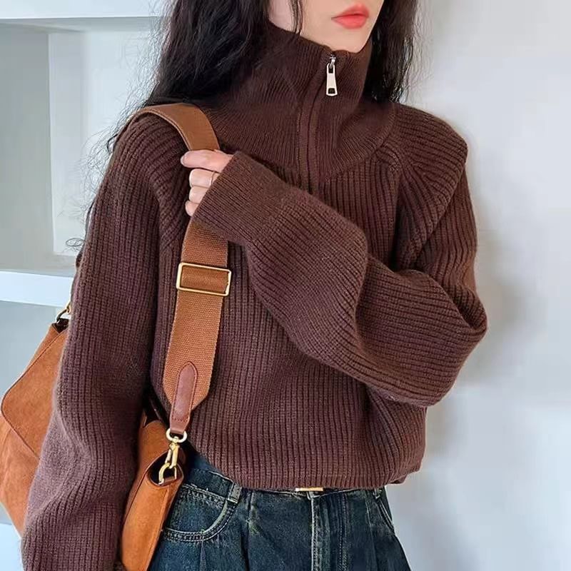 Turtleneck Half-Zip Cropped Pullover Sweater