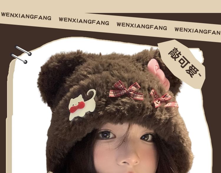 Accent Ear Fluffy Bear Beanie Bow