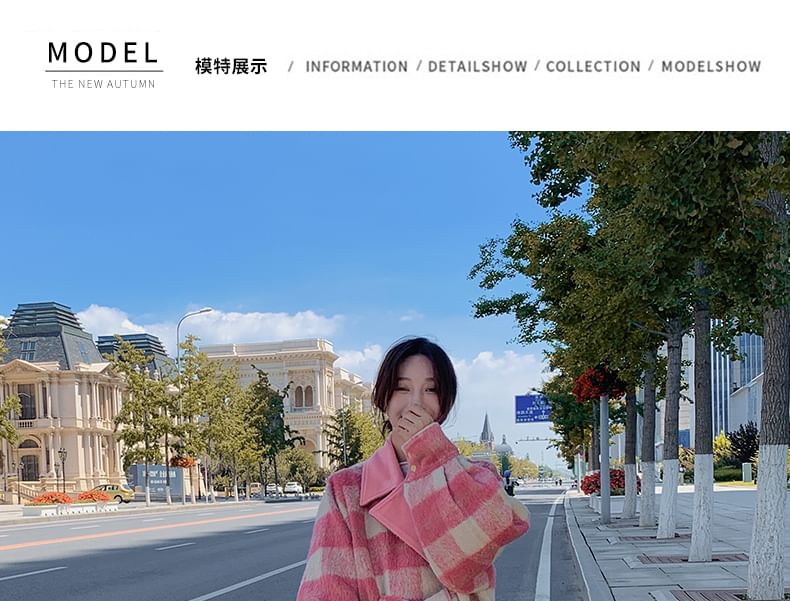 Lapel Collar Plaid Tie Waist Long Coat