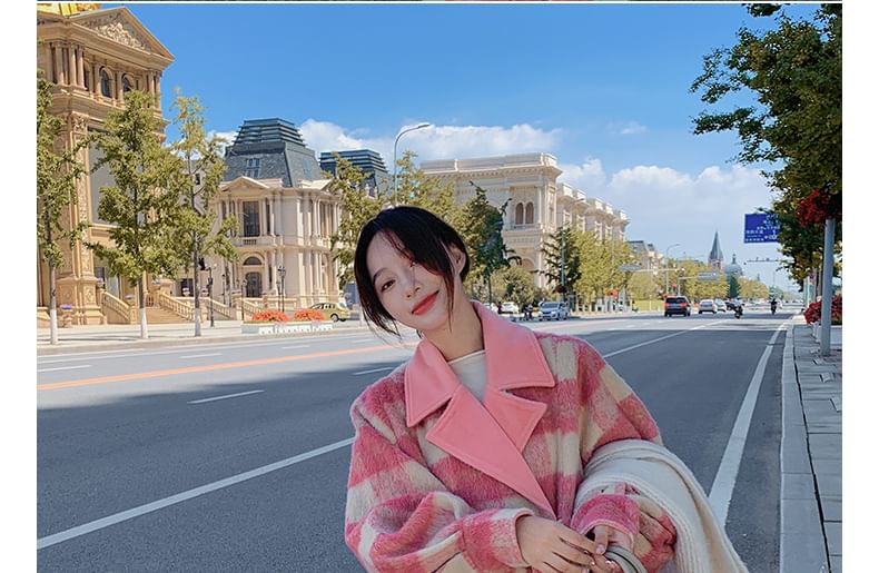Lapel Collar Plaid Tie Waist Long Coat