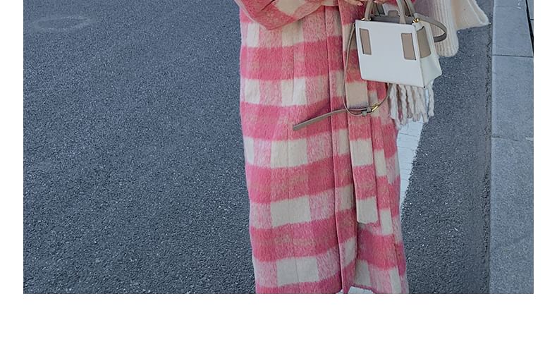 Lapel Collar Plaid Tie Waist Long Coat