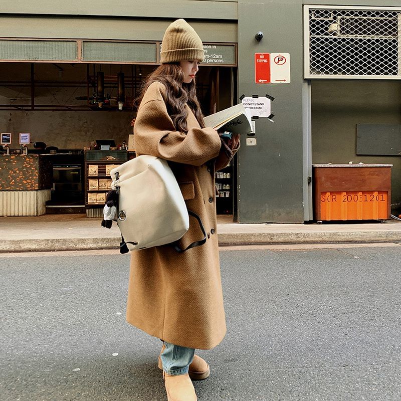 Lapel Collar Plain Double-Breasted Long Coat