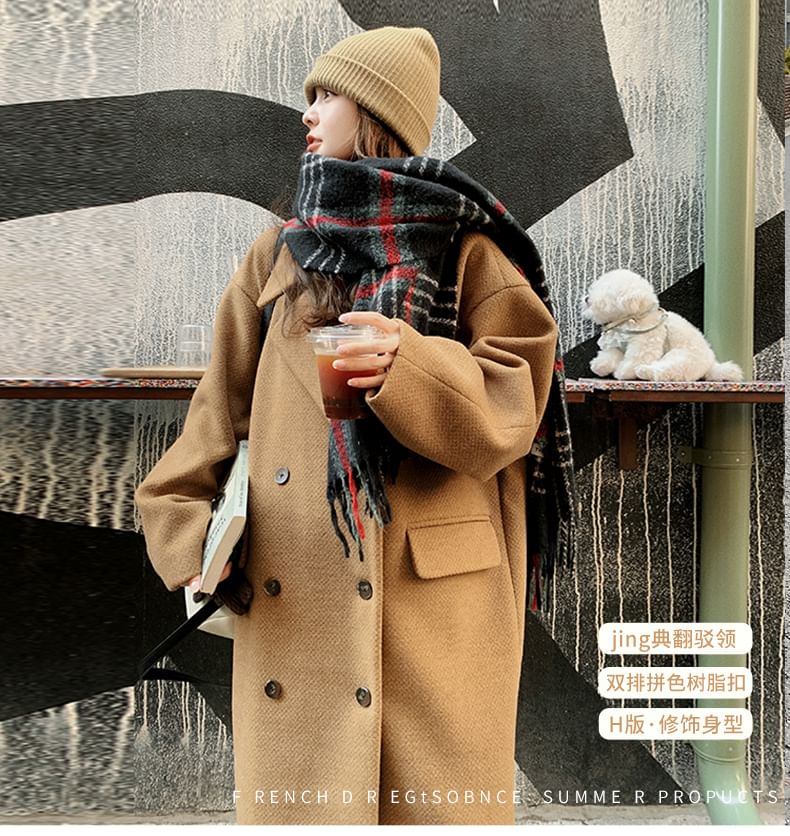 Lapel Collar Plain Double-Breasted Long Coat