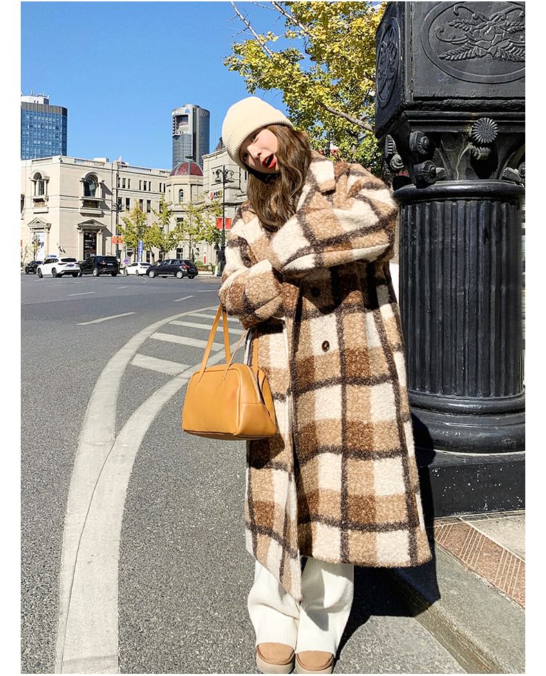Lapel Collar Plaid Double-Breasted Long Coat
