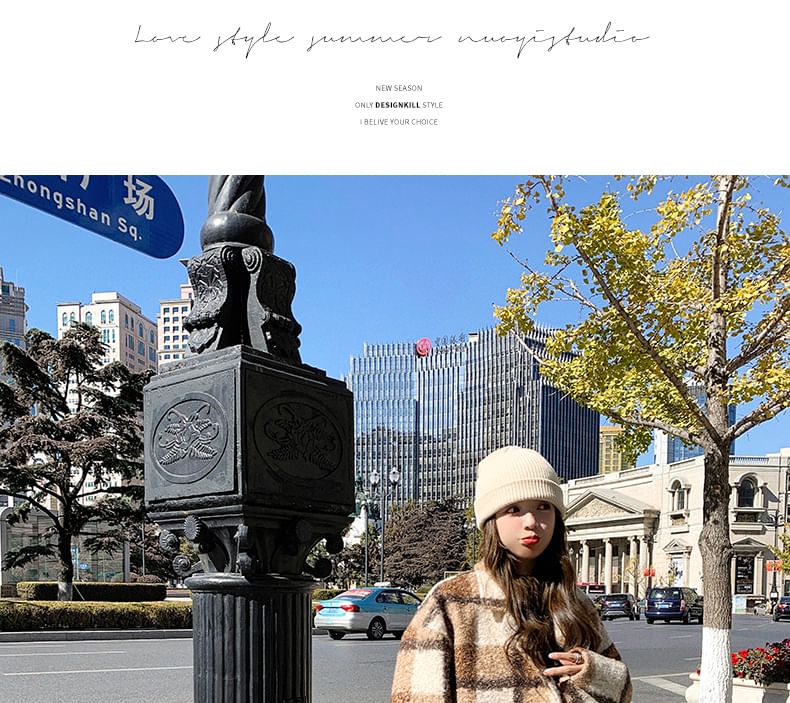 Lapel Collar Plaid Double-Breasted Long Coat