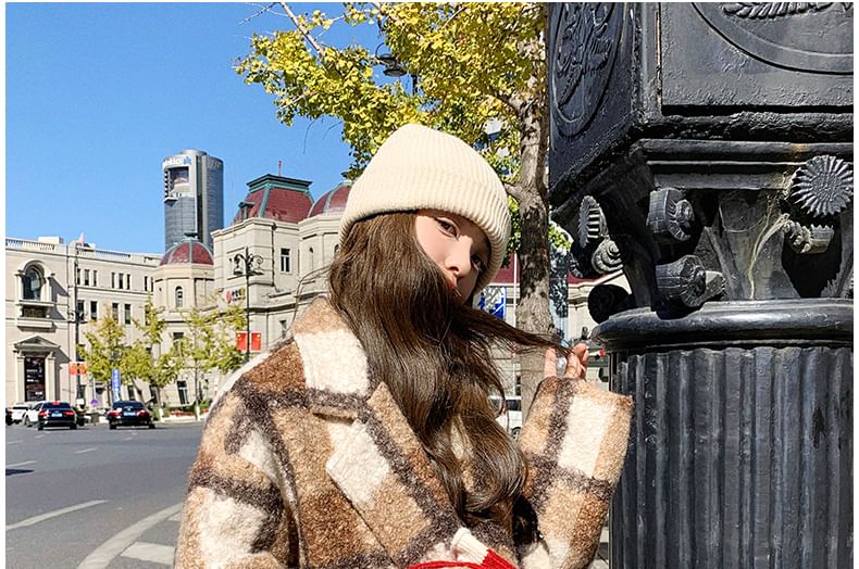 Lapel Collar Plaid Double-Breasted Long Coat