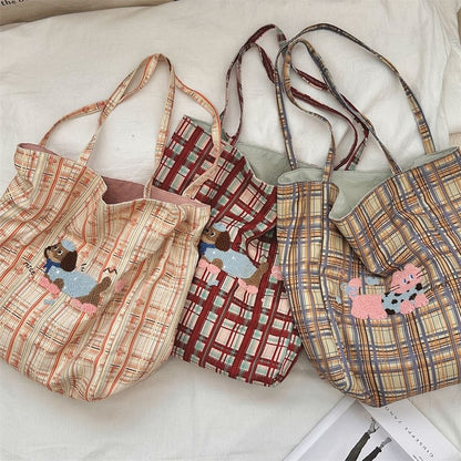 Plaid Cartoon Applique Corduroy Tote Bag