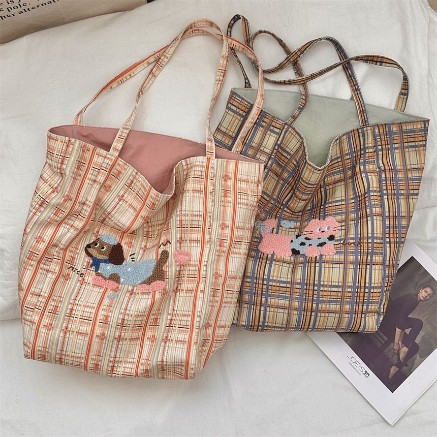 Plaid Cartoon Applique Corduroy Tote Bag