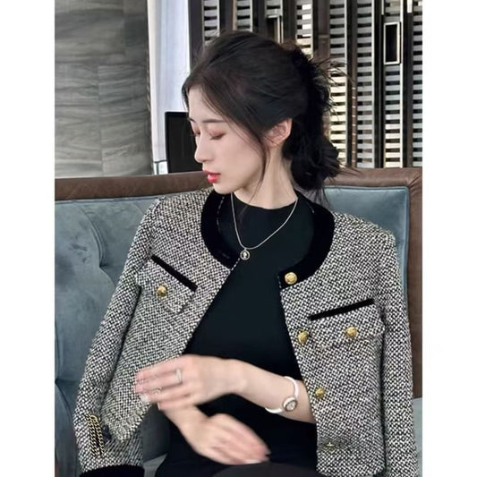 Crew Neck Contrast Trim Button-Up Tweed Crop Jacket
