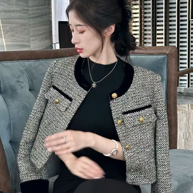 Crew Neck Contrast Trim Button-Up Tweed Crop Jacket