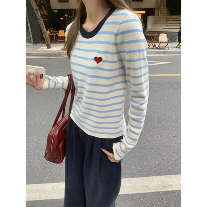 Long-Sleeve Round Neck Striped Embroidered Contrast Trim Knit Top