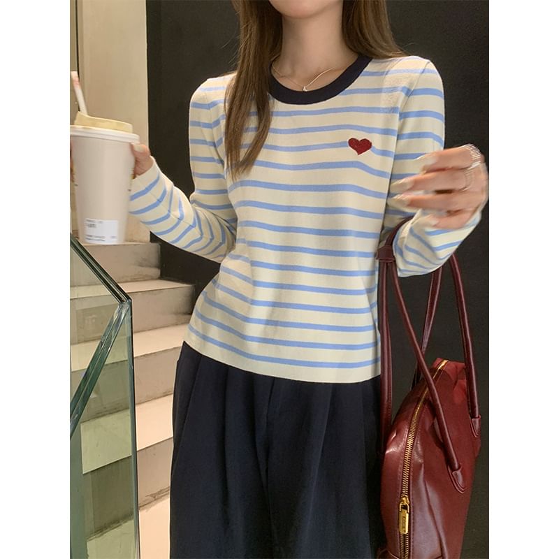 Long-Sleeve Round Neck Striped Embroidered Contrast Trim Knit Top