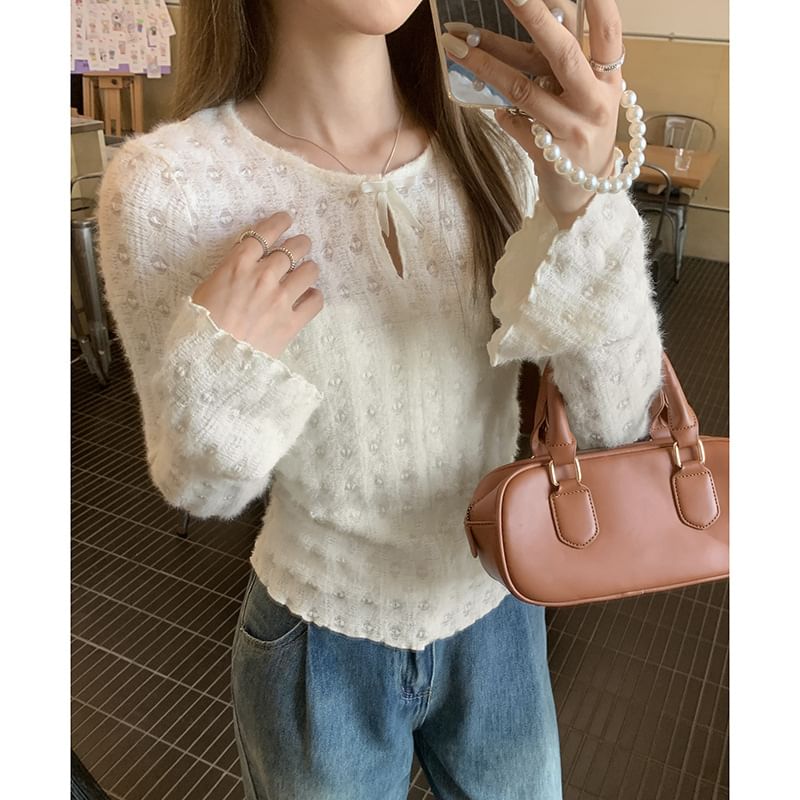 Long-Sleeve Crew Neck Plain Cutout Lace Slim Fit Top