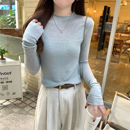 Long-Sleeve Mock Neck Plain Sheer Panel Slim Fit Knit Top