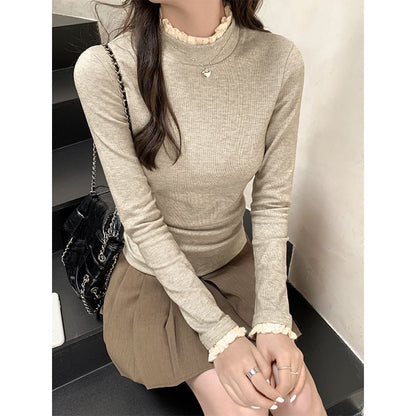 Long-Sleeve Mock Neck Lace Trim Slim Fit Tee