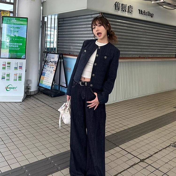 Round Neck Tweed Button Jacket