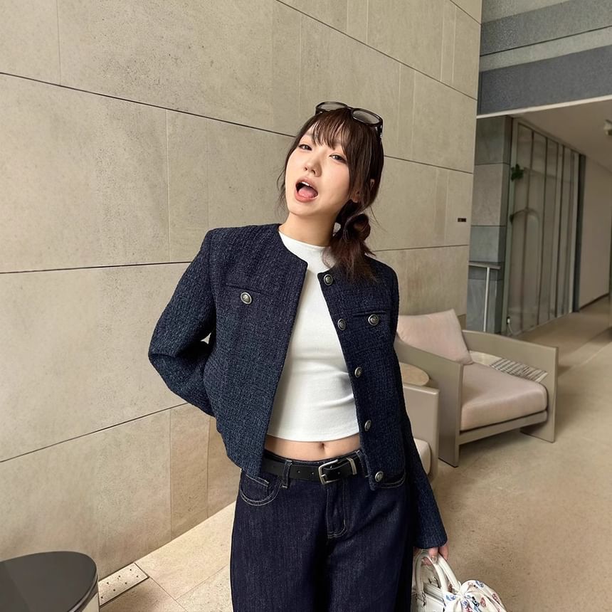 Round Neck Tweed Button Jacket