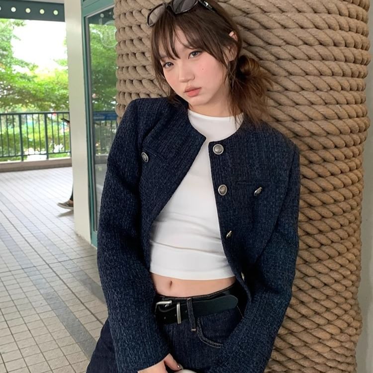 Round Neck Tweed Button Jacket