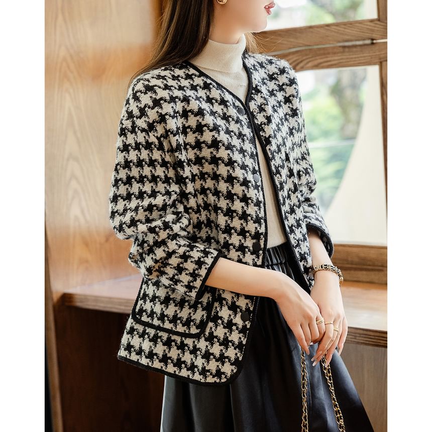 V-Neck Houndstooth Tweed Button Jacket