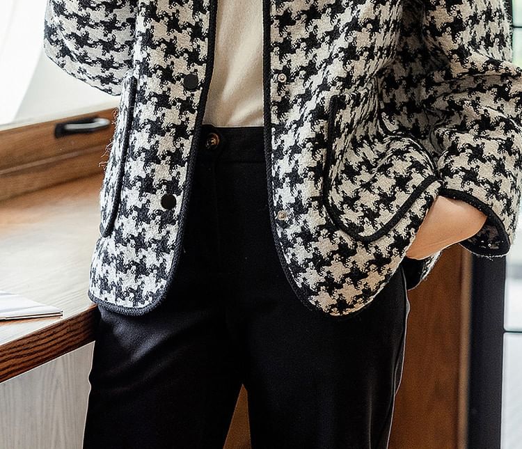 V-Neck Houndstooth Tweed Button Jacket