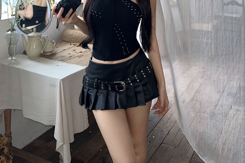 Top A-Line Belted Rise Leather Skirt Studded Mid Mini Halter / Plain Pleated Faux