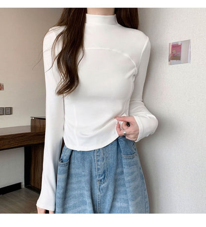 Long-Sleeve Mock Neck Plain Top