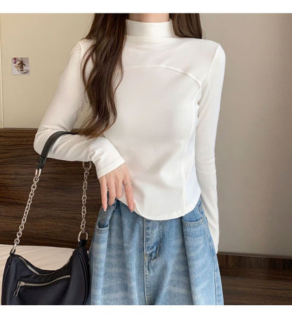 Long-Sleeve Mock Neck Plain Top