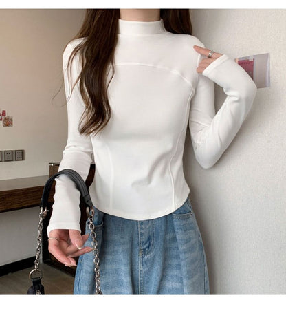 Long-Sleeve Mock Neck Plain Top