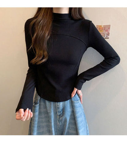 Long-Sleeve Mock Neck Plain Top