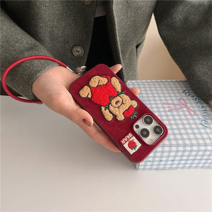 Strawberry Bear Embroidered Phone Case / Strap / Set - iPhone 16 Pro Max / 16 Pro / 16 Plus / 16 / 15 Pro Max / 15 Pro / 15 Plus / 15 / 14 Pro Max / 14 Pro / 14 Plus / 14 / 13 Pro Max / 13 Pro / 13