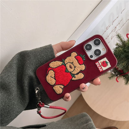 Strawberry Bear Embroidered Phone Case / Strap / Set - iPhone 16 Pro Max / 16 Pro / 16 Plus / 16 / 15 Pro Max / 15 Pro / 15 Plus / 15 / 14 Pro Max / 14 Pro / 14 Plus / 14 / 13 Pro Max / 13 Pro / 13