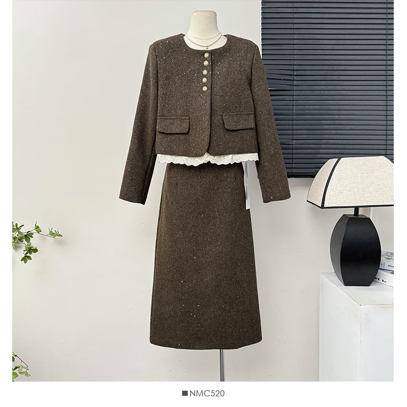 Set: Lace-Hem Tweed Blazer + Slited Midi Skirt