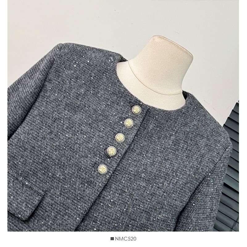 Set: Lace-Hem Tweed Blazer + Slited Midi Skirt